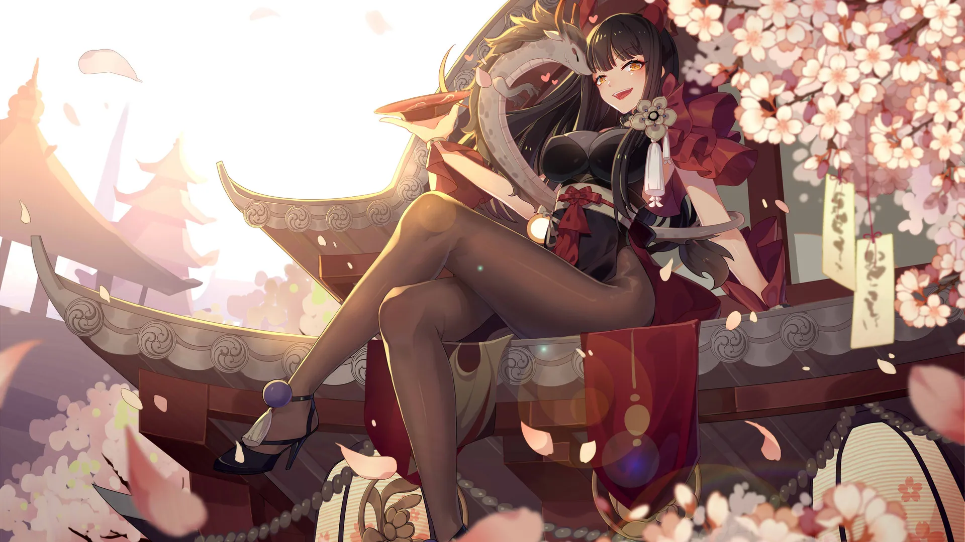 动漫 女孩 龙 樱花 中国龙 4K壁纸