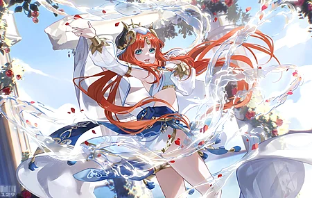长头发 红发 蓝眼睛 站立 动漫 女孩 原神 花 水 天空 云 8K壁纸