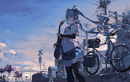 长发 蓝头发 蓝眼睛 站立 动漫 女孩 初音 小提琴 天空 云 双尾 吉他 乐器 鲜花 自行车 肘部手套 耳机 4K壁纸
