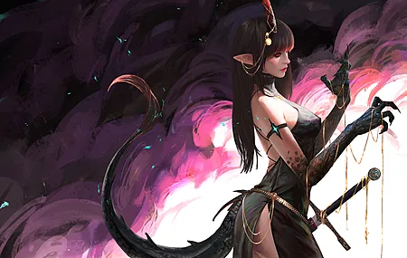 女人 幻想 女孩 大腿 深色头发 长发 剑 武器 幻想艺术 兽耳 尾巴 生物 爪子 4K壁纸