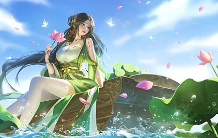 白鬼 朱伊安 长发 深色 坐着 花花 微笑 女人 水 绿色连衣裙 鲜花 连衣裙 水滴 项链 发饰 船 睡莲 云 蝴蝶 花瓣 天空 珠宝 长袜 8K壁纸