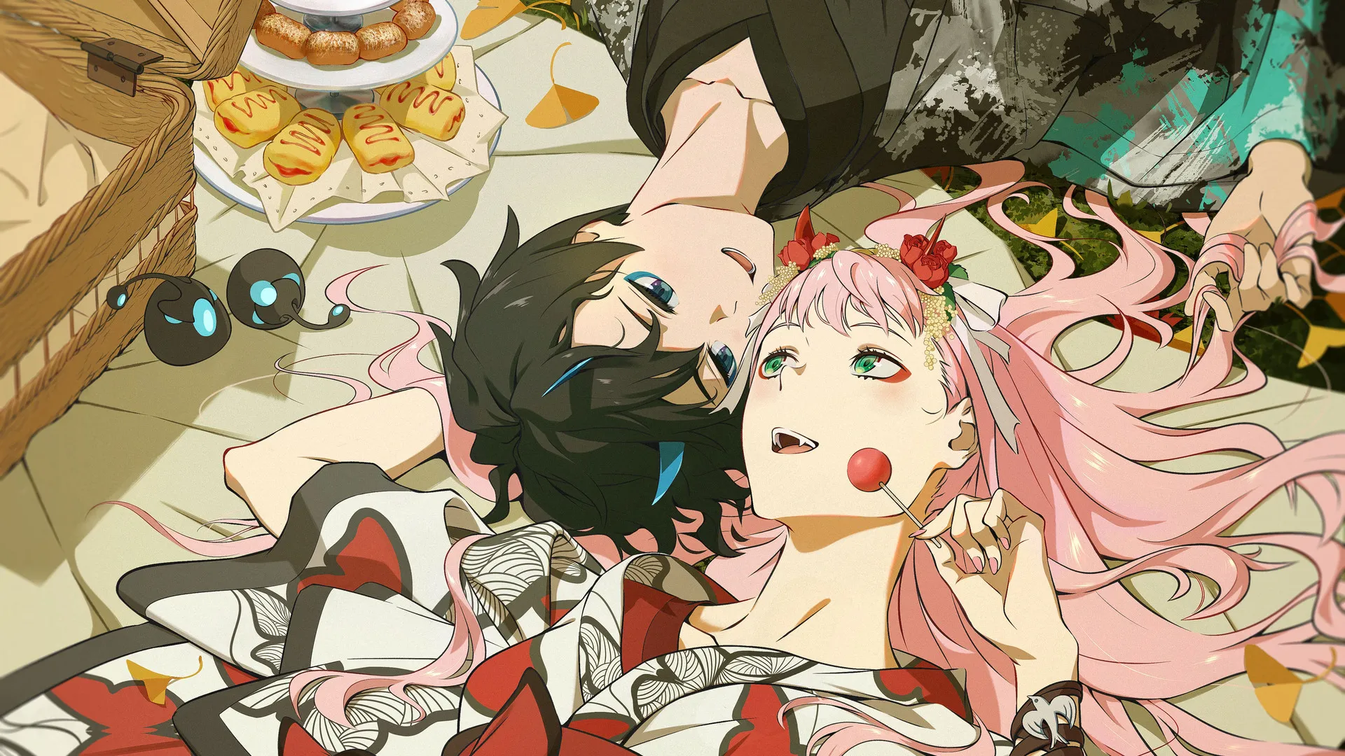 粉色头发 绿色眼睛 动漫 零二 动漫 男孩 女孩 眼影 食物 糖果 DARLING 国家队 4K壁纸