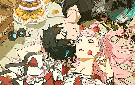 粉色头发 绿色眼睛 动漫 零二 动漫 男孩 女孩 眼影 食物 糖果 DARLING 国家队 4K壁纸