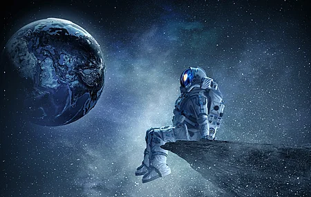 宇航员 坐着 宇宙 太空 插图 行星 宇航服 地球 悬崖 倒影 星星 奇幻艺术 4K壁纸
