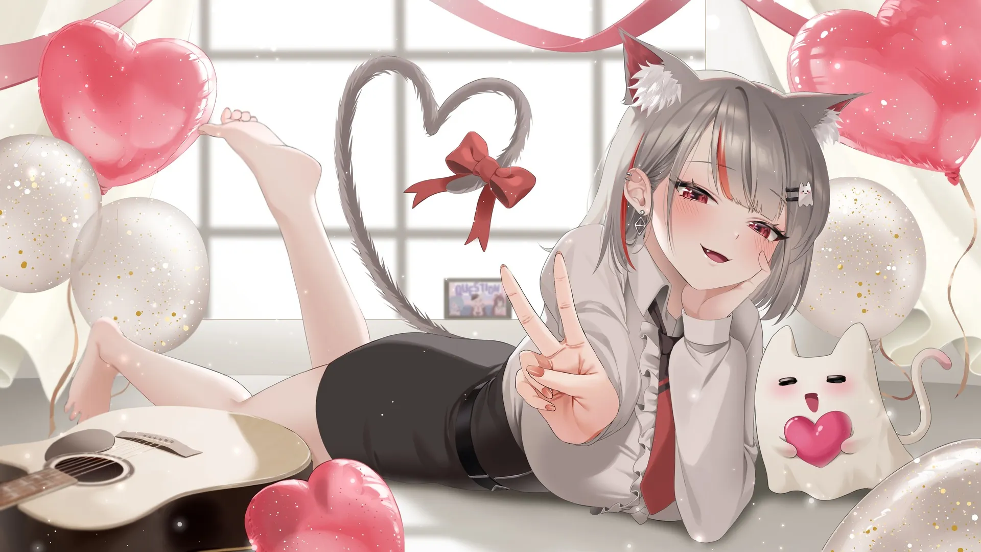 猫女孩 躺下 脚 微笑 动漫 女孩 猫耳朵 猫尾巴 气球 领结 脸红 耳环 穿孔 吉他 心 设计 窗口 乐器 4K壁纸