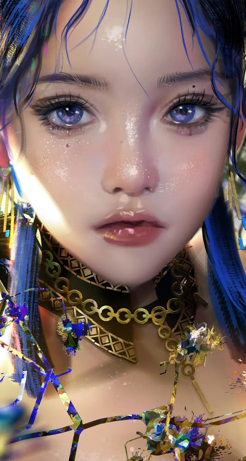 女性 奇幻 女孩 蓝色头发 AI艺术 插图 肖像 奇幻艺术 手机壁纸 4K壁纸