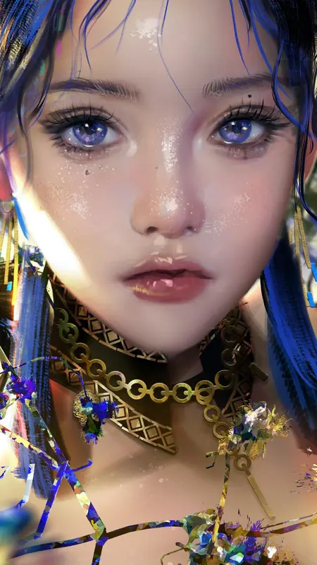 女性 奇幻 女孩 蓝色头发 AI艺术 插图 肖像 奇幻艺术 手机壁纸 4K壁纸