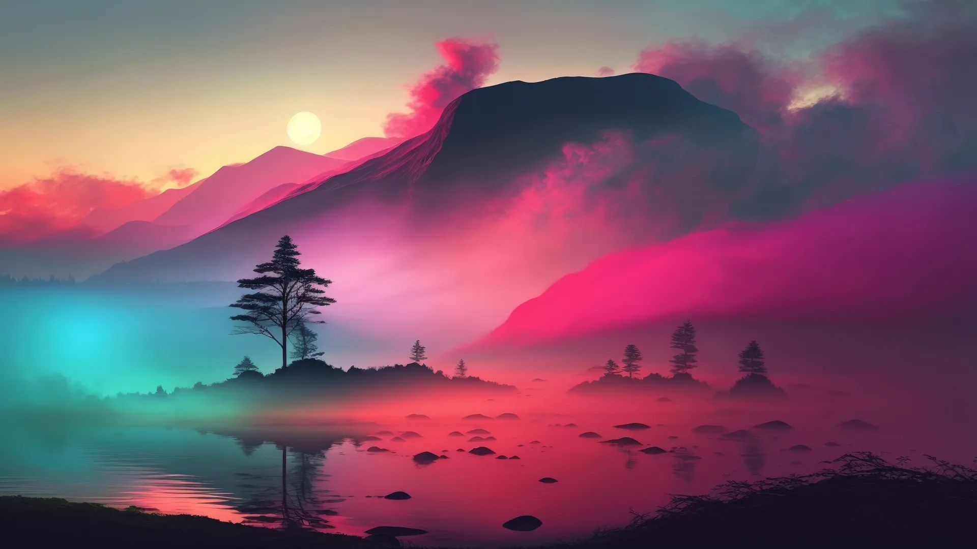 艺术 薄雾 早晨 日出 风景 山脉 湖泊 自然 倒影 4K壁纸