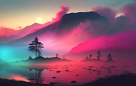 艺术 薄雾 早晨 日出 风景 山脉 湖泊 自然 倒影 4K壁纸