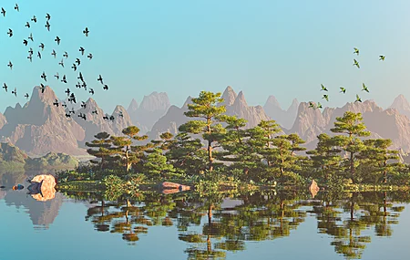 山 湖 树 鸟 4K壁纸