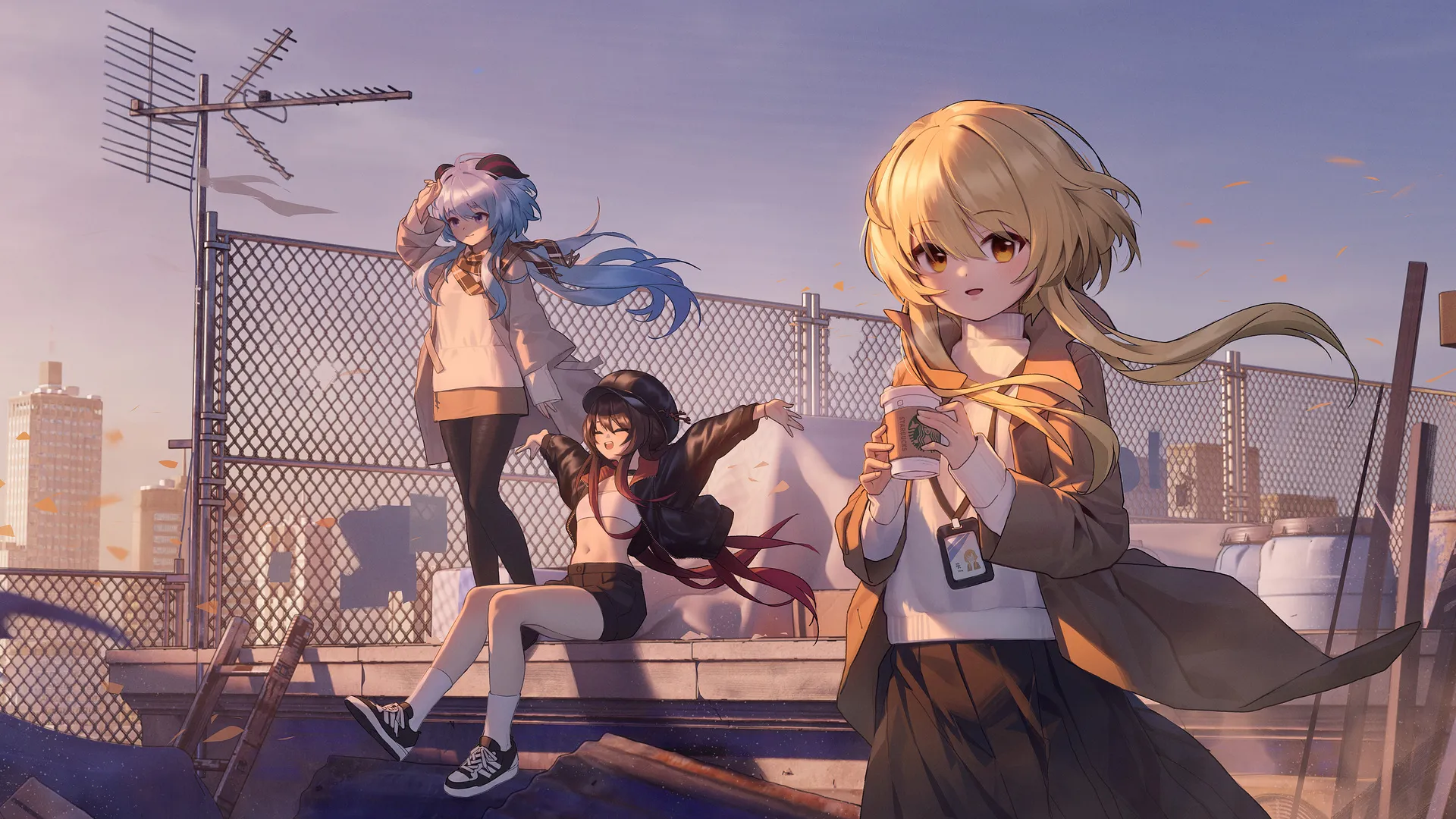 肚皮 肚脐 胡桃 原神 动漫 女孩 AI艺术 户外 晴空 夕阳 4K壁纸
