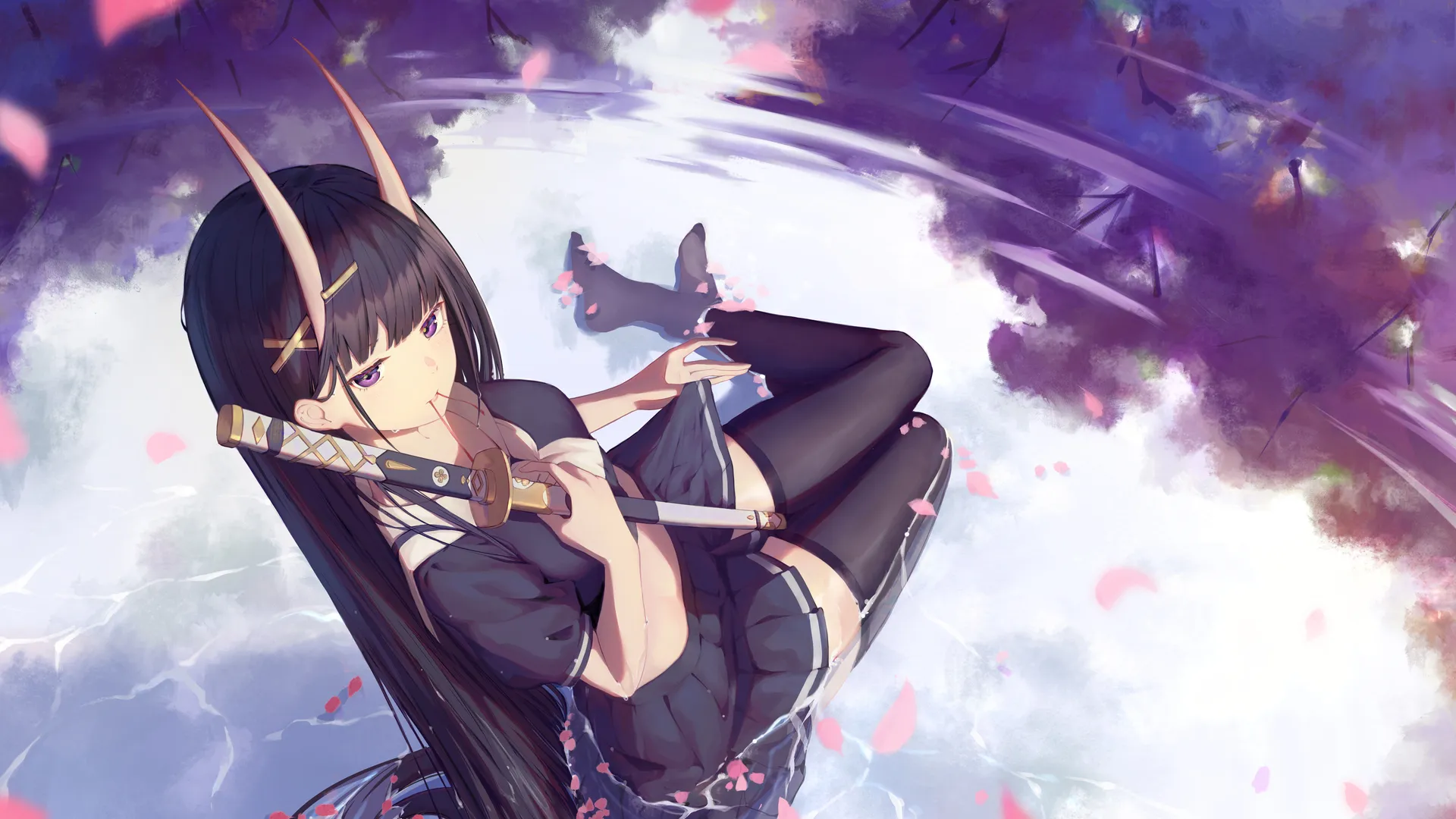 魔女 动漫 女孩 魔角 号角 剑 袜子 水 校服 女孩 蔚蓝巷 碧蓝航线 4K壁纸