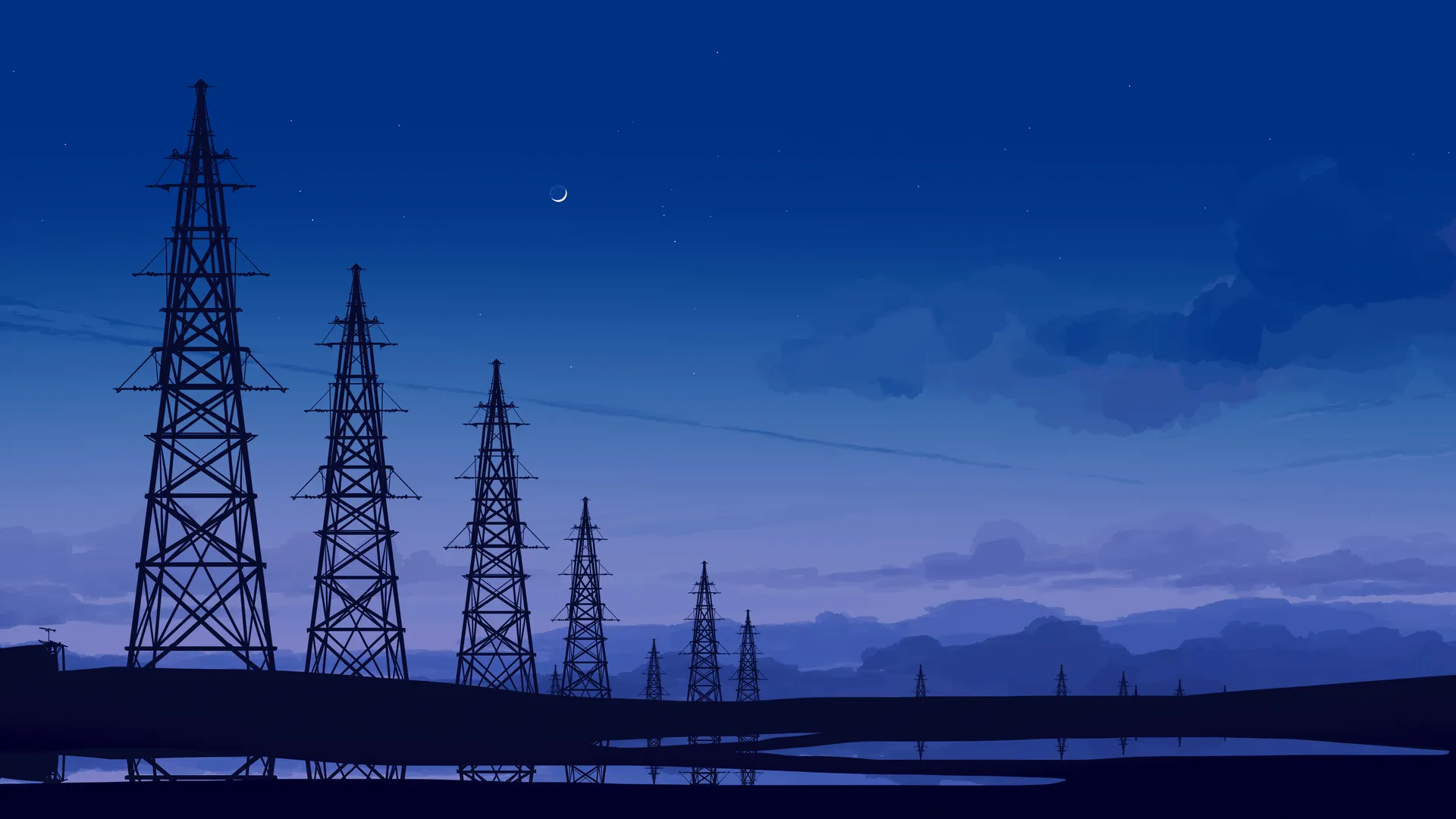 优雅 AI艺术 图片 插图 素描 风景 夜晚 夜景 倒影 云 月亮 4K壁纸