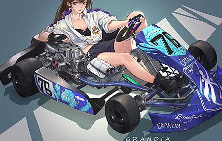 黑发 腿 女人 蓝眼睛  卡丁车 简单背景 交通工具 动漫 女孩 罩 汽车 数字 手套 4K壁纸