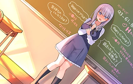 紫色头发 腿 动漫 女孩 连衣裙 黑板 教室 4K壁纸