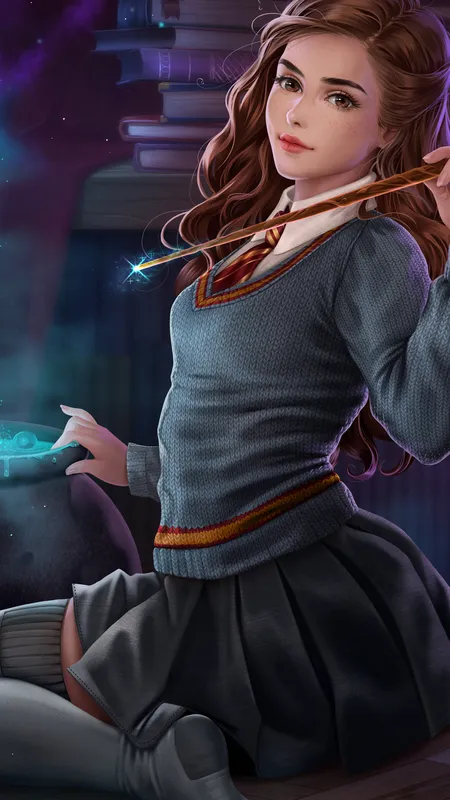 赫敏 虚构人物 哈利 毛衣 迷你裙 绘画 扇子艺术 哈利波特 魔法学院 魔法 学校 手机壁纸 4K壁纸