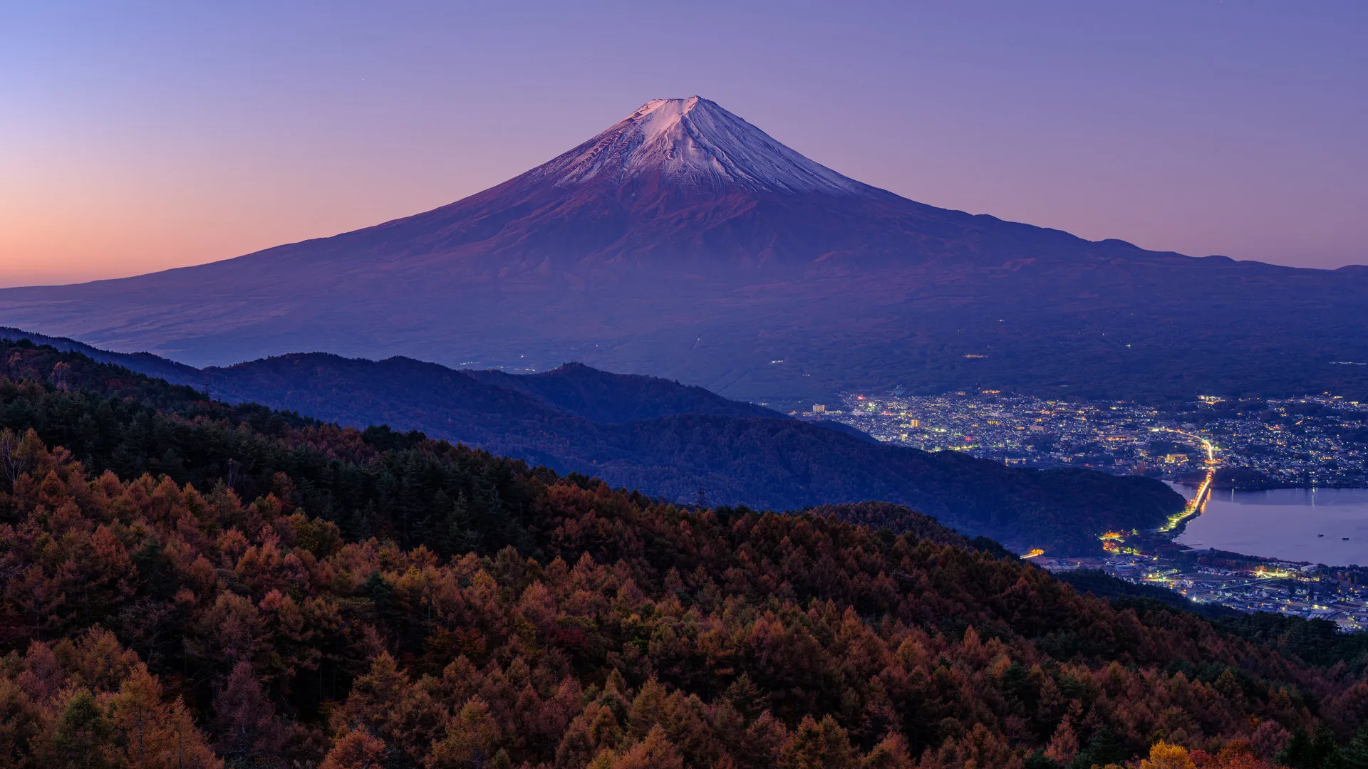 自然 风景 天空 晴朗 城镇 灯光 远景 树木 森林 夕阳 4K壁纸