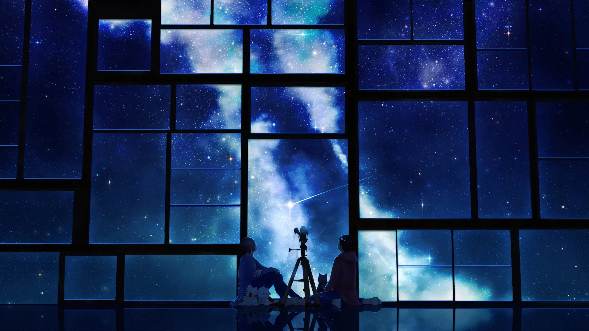 动漫 绘画 空间 夜 星星 蓝色 窗户 望远镜 4K壁纸