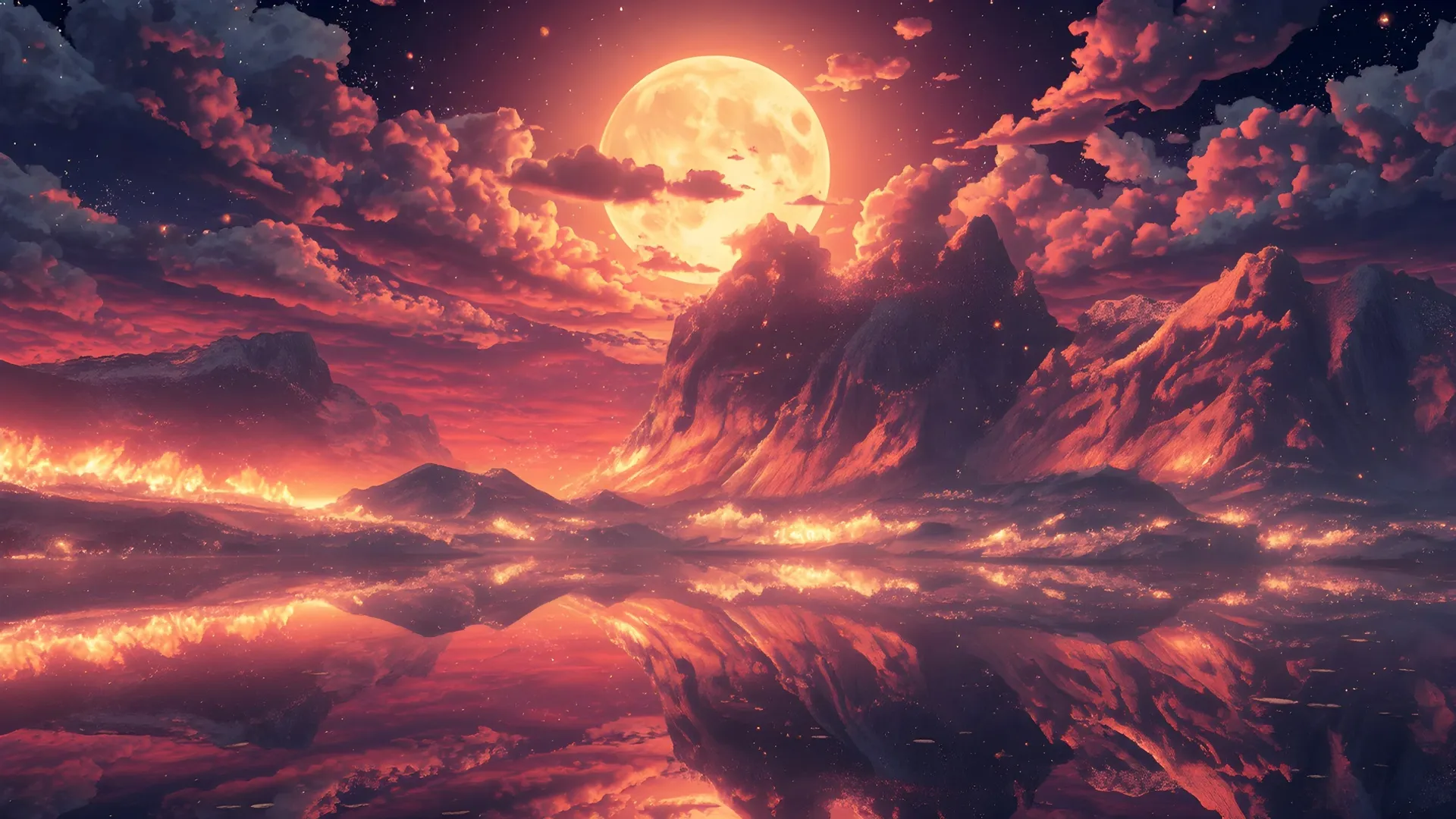 天空 云 月亮 数字艺术 倒影 喷发 满月 红月 亮 火山 夜 风景 自然 4K壁纸