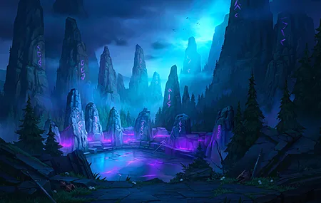 绘画 风景 山脉 黑暗夜 符文 石 森林 4K壁纸
