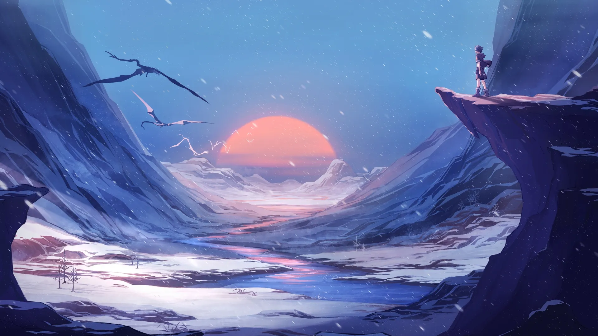艺术品 雪 日落 山脉 风景 河流 4K壁纸