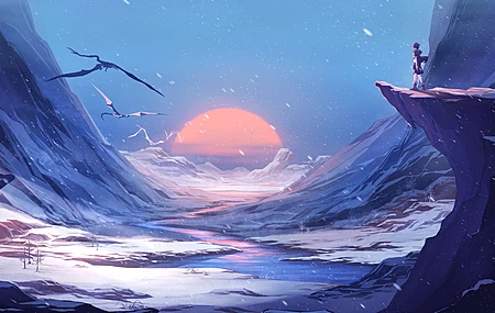 艺术品 雪 日落 山脉 风景 河流 4K壁纸