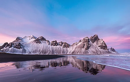 自然 风景 山脉 雪 云 天空 黑沙 波浪 水 4K壁纸