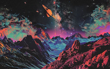 山脉 丰富 多彩 数字 艺术 土星 空间 天空 星星 幻想 黑暗 风景 自然 云 河流 宇宙 灯光 4K壁纸