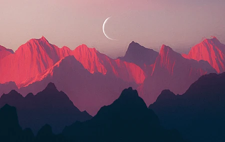 数字艺术 艺术品 插图 数字 绘画 风景 山脉 阳光 月亮 4K壁纸