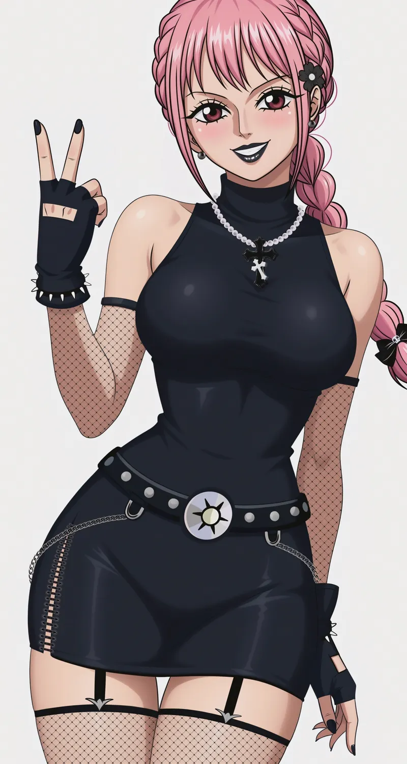 长发 粉色头发 微笑 动漫 丽贝卡 同人 女孩 海贼王 黑色衣服 项链 连衣裙 白色背景 丝袜 手机壁纸 4K壁纸