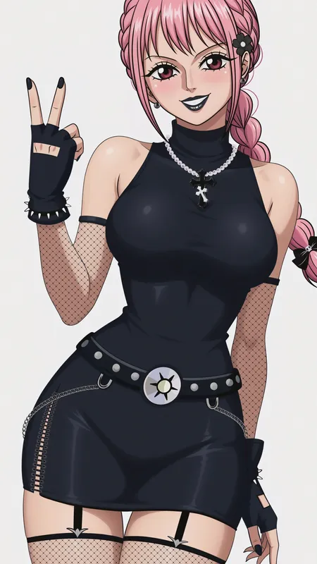 长发 粉色头发 微笑 动漫 丽贝卡 同人 女孩 海贼王 黑色衣服 项链 连衣裙 白色背景 丝袜 手机壁纸 4K壁纸