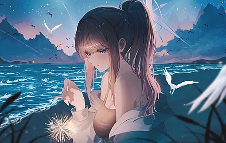 蓝色 眼睛 户外 女人 马尾辫 长发 蓝色档案 海滩 鸟 背心 云 天空 动漫 女孩 烟花 沙滩 海边 海鸥 仙女棒 8K壁纸