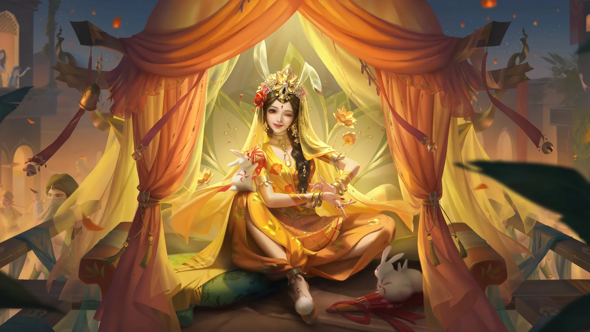 电子 游戏 人物 幻想 女孩 坐着 女人 幻想艺术 兔子 动物 兔耳朵 黄色连衣裙 连衣裙  4K壁纸