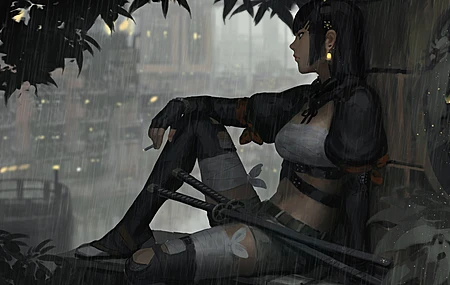 原创 人物 女人 虚构人物 奇幻 女孩 素描 雨 香烟 概念艺术 4K壁纸
