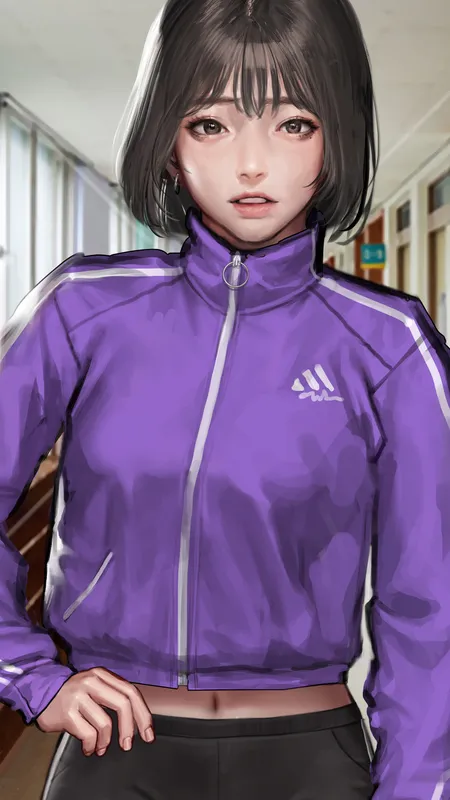 原创 人物 深色 绘图 运动服 运动衫 紧身裤 走廊 手机壁纸 4K壁纸