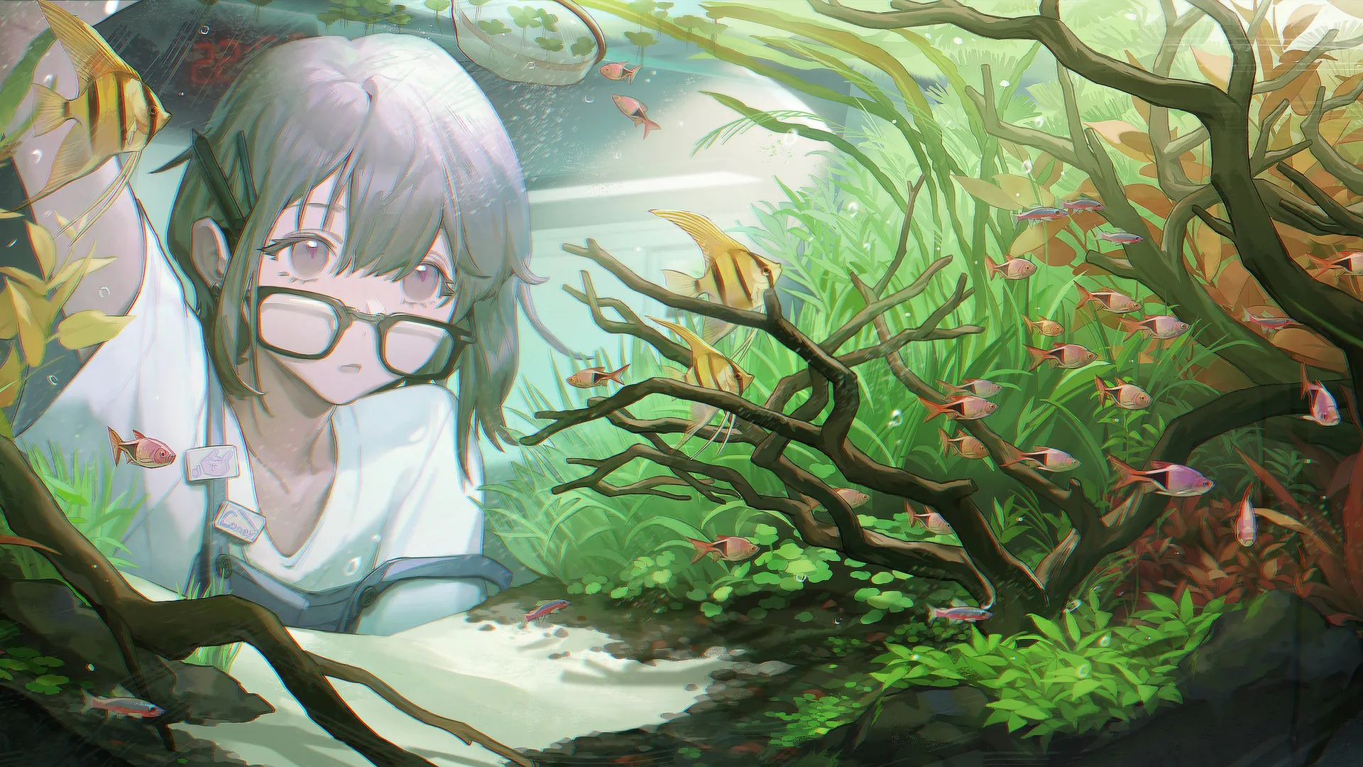 深色头发 短发 灰色眼睛 动漫 女孩 眼镜 鱼 水族馆 铅笔 时钟 4K壁纸