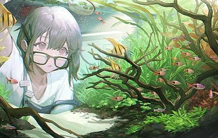 深色头发 短发 灰色眼睛 动漫 女孩 眼镜 鱼 水族馆 铅笔 时钟 4K壁纸