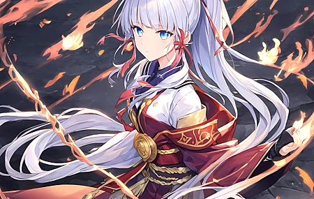 蓝头发 蓝眼睛 马尾辫 动漫 女孩 原神 龟里亚卡 火 艺术 4K壁纸