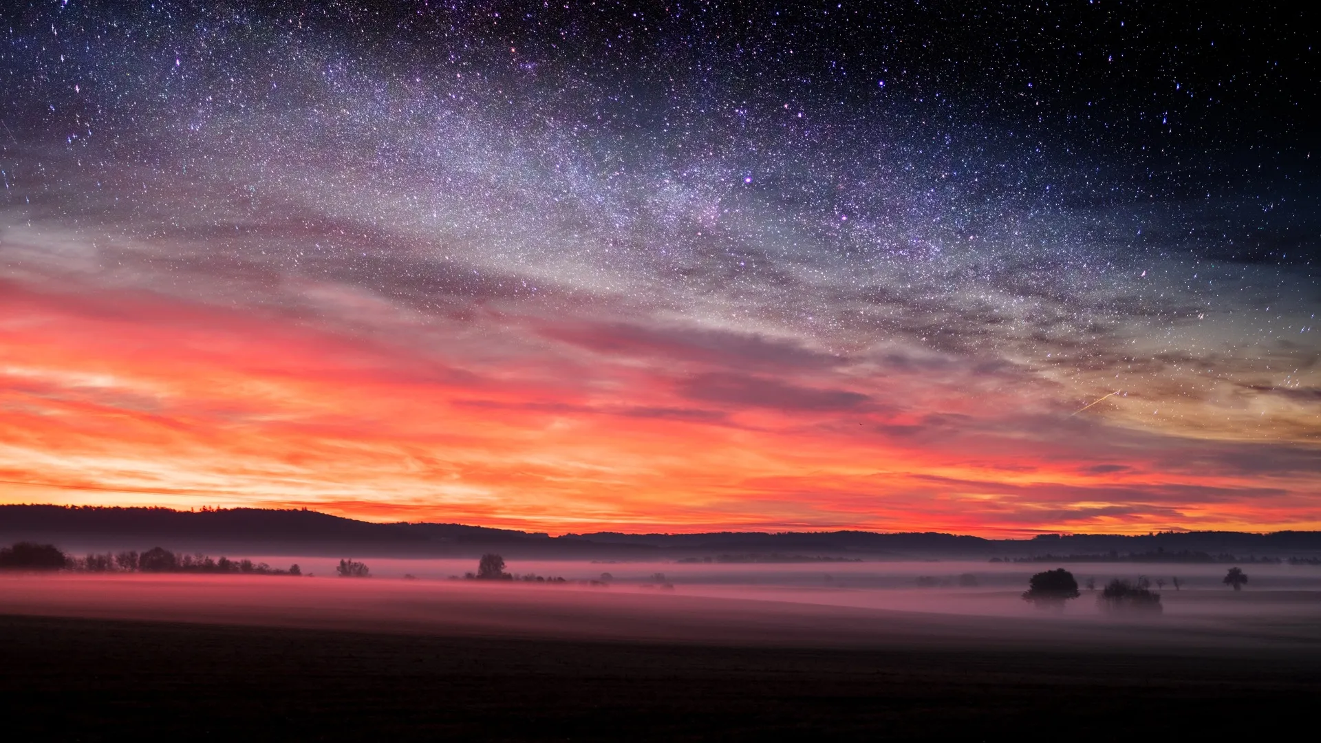 自然 风景 日落 星夜 薄雾 照片处理 天空 星星 4K壁纸