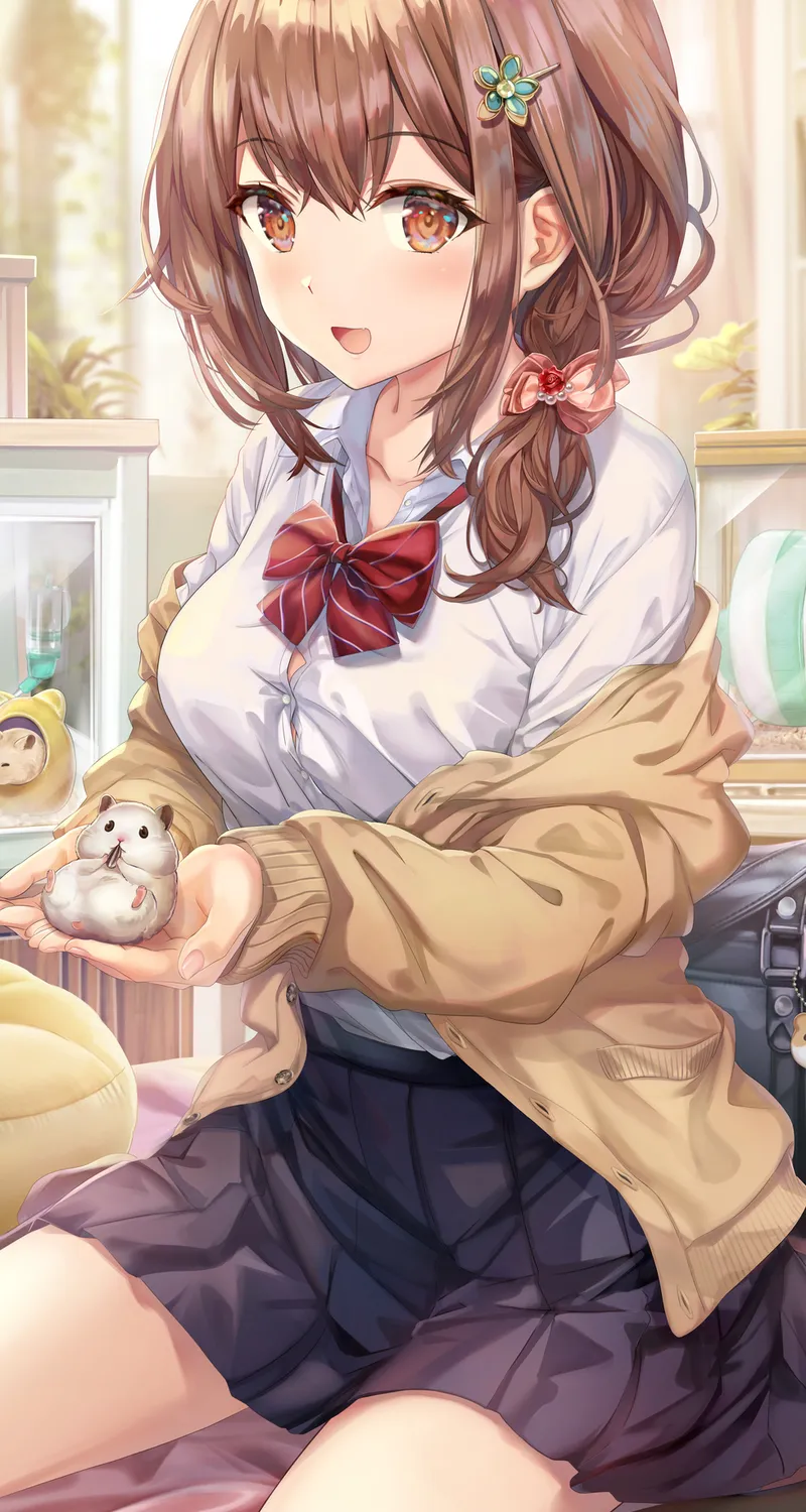 都灵赤瓜 深色皮肤 跪着 动漫 女孩 AI艺术 棕色眼睛 校服 手机壁纸 4K壁纸