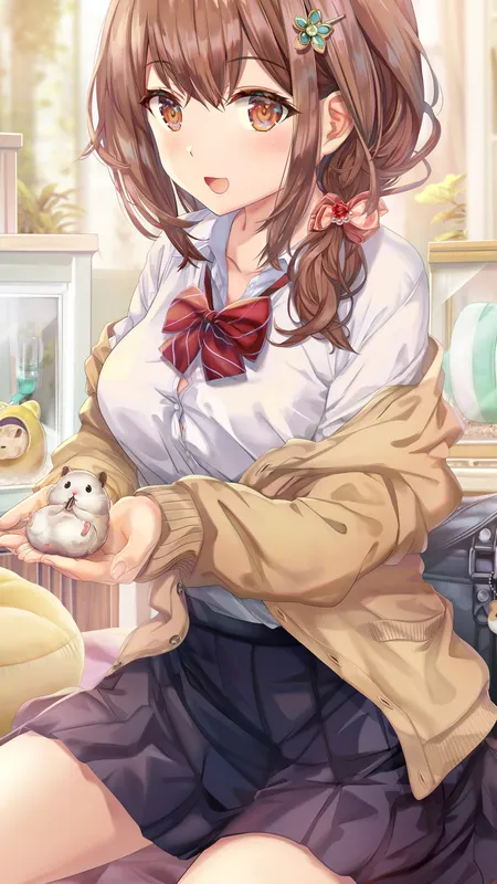 都灵赤瓜 深色皮肤 跪着 动漫 女孩 AI艺术 棕色眼睛 校服 手机壁纸 4K壁纸