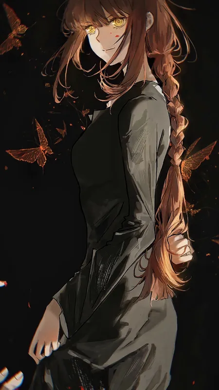 长发 红发 辫子 手 动漫 电锯人 女孩 黄眼睛 蝴蝶 极简主义 黑色背景 简单背景 手机壁纸 4K壁纸