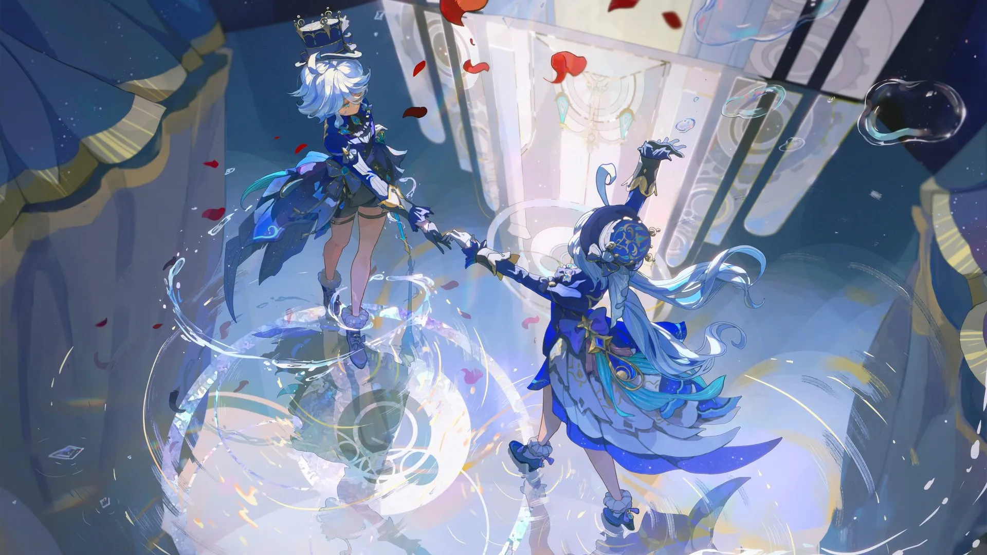 富丽娜 根信影响力 舞蹈 水中 水上 礼服 晚礼服 燕尾服 白色 蓝色 交际舞 礼帽 旗袍 花瓣 4K壁纸