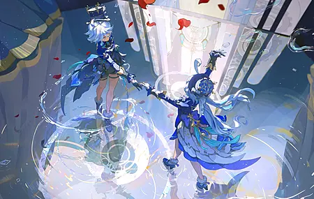 富丽娜 根信影响力 舞蹈 水中 水上 礼服 晚礼服 燕尾服 白色 蓝色 交际舞 礼帽 旗袍 花瓣 4K壁纸