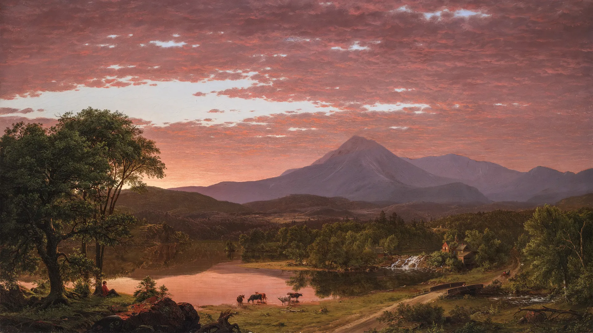 风景 绘画 自然 画布 树木 云 日落 山 牛 河 4K壁纸
