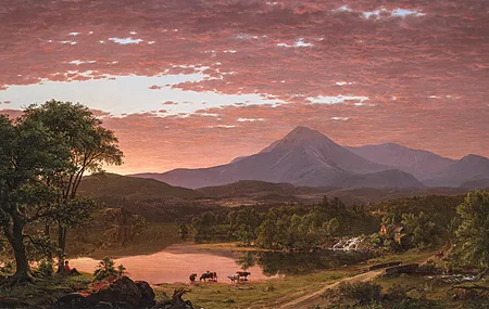 风景 绘画 自然 画布 树木 云 日落 山 牛 河 4K壁纸