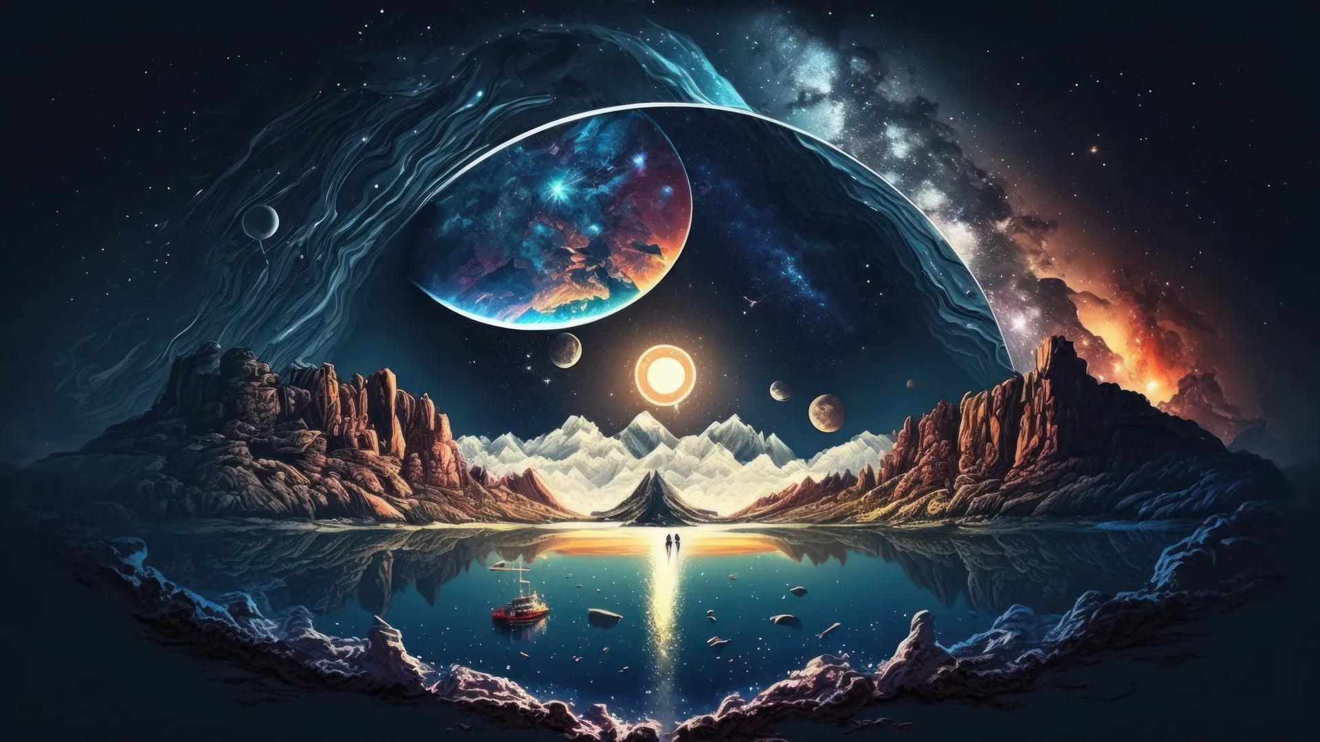 艺术 插图 行星 空间 水 倒影 船 星星 4K壁纸