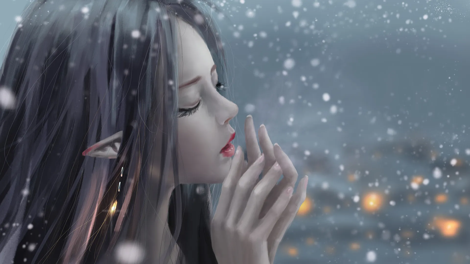 伊迪亚 凯 精灵 夜 雪 画 4K壁纸