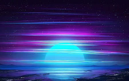 午夜 太阳 AI艺术 海洋 天空 星星 电影 沙漠 混搭 青色 紫色 4K壁纸