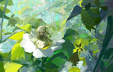 小翼 绿色眼睛 绿色头发 马尾 树叶 动漫 女孩 生物 白色连衣裙 鲜花 漂浮 草地 户外 小精灵 花仙子 迷你人 小人 拇指人 4K壁纸